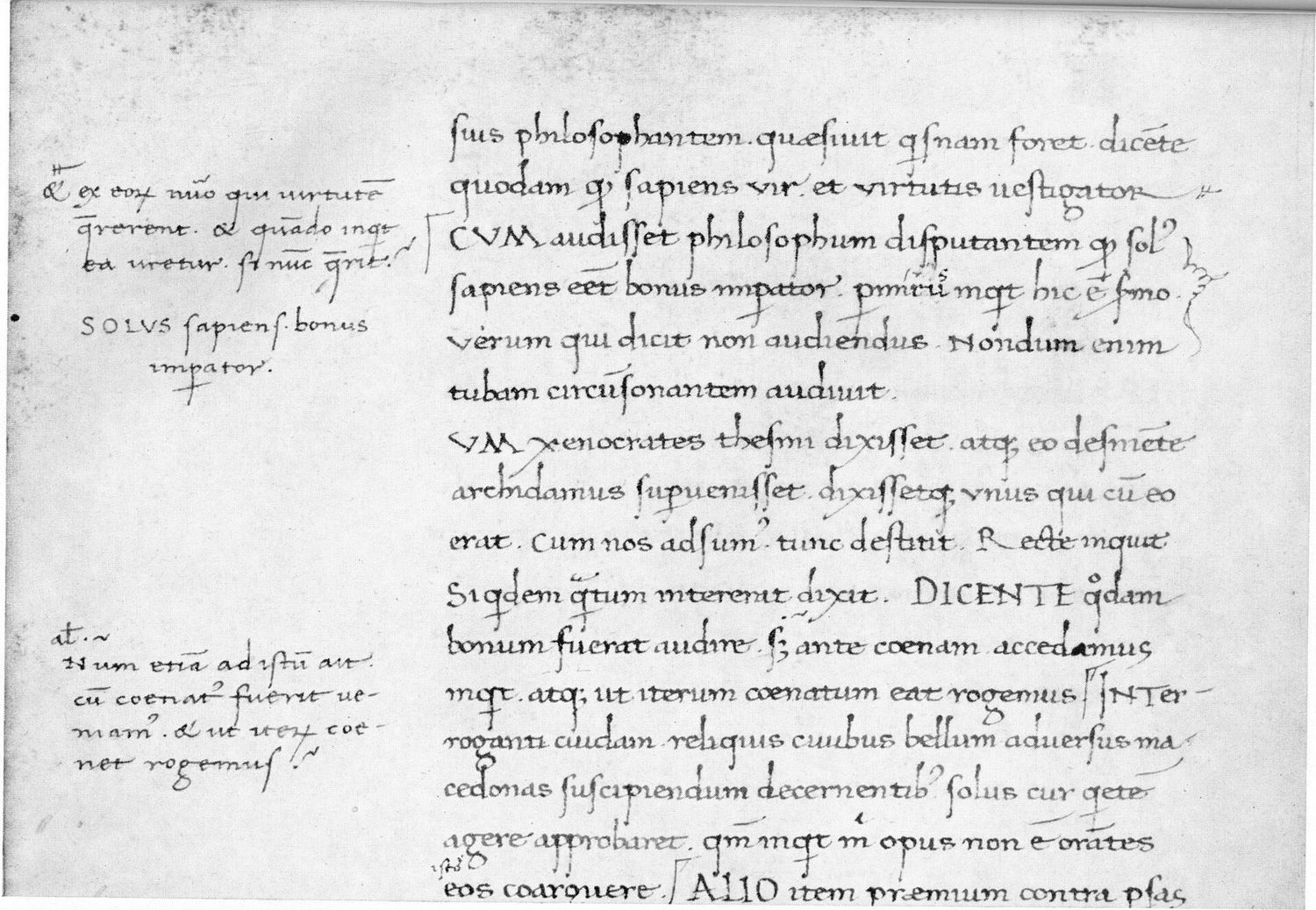 Margin notes written beside the text of a Plutarch translation, fifteenth century